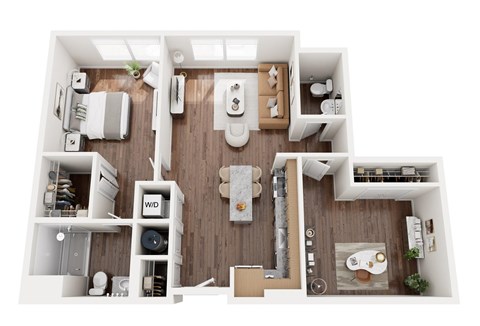 Floor plan for 1 bed, 1.5 baths, 994 sqft